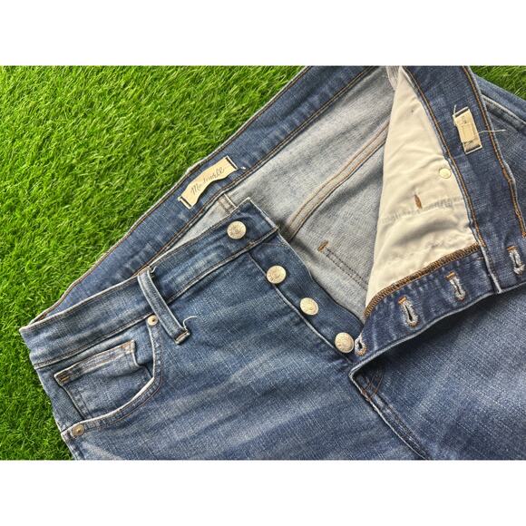 Madewell Womens Slim Straight Jeans Button Fly Lt Blue Wash Sz 32 Distressed Hem - Picture 5 of 15